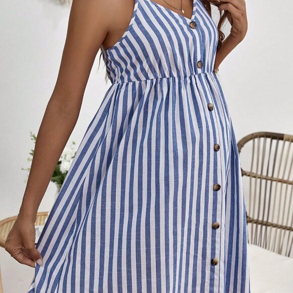 Blue And White Casual Women's Maternity Striped Print Button Front Cami Dress - Picture 5 of 5